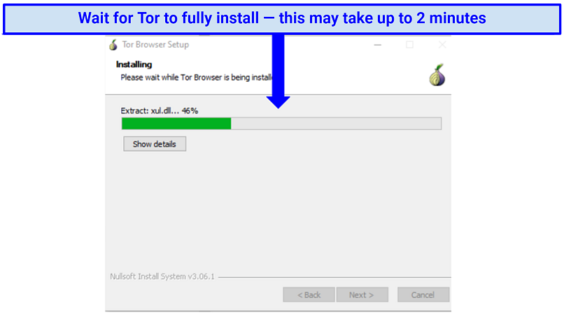 Screenshot showing the download status bar on the Tor Browser installer