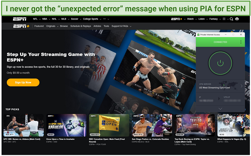 A screenshot of ESPN+'s homepage while connected to a PIA server