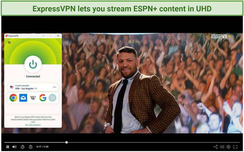 A screenshot of sports on ESPN+ while connected to an ExpressVPN server in the US