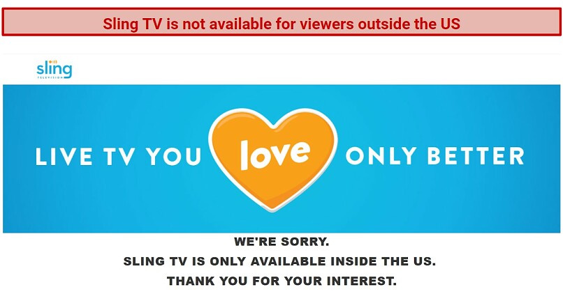 A screenshot of an error message when trying to access Sling TV outside of the US that says: