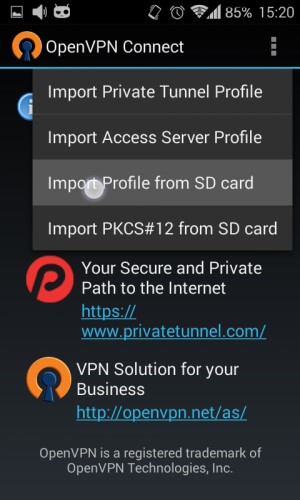 screenshot of Import from SD option in OpenVPN Connect