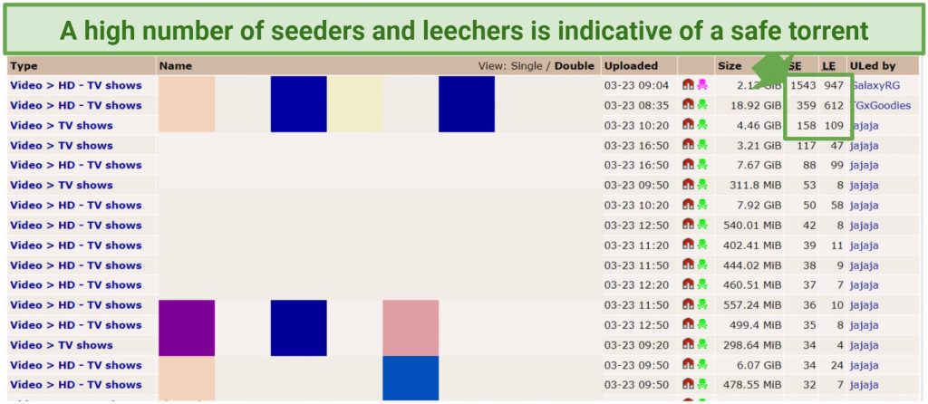 A screenshot showing the number of seeders and leechers on a torrent client's dashboard.