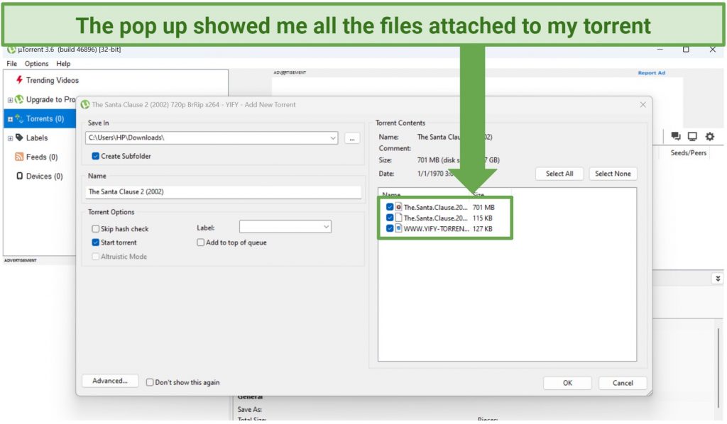 A screenshot showing a uTorrent popup while attempting to download a torrent