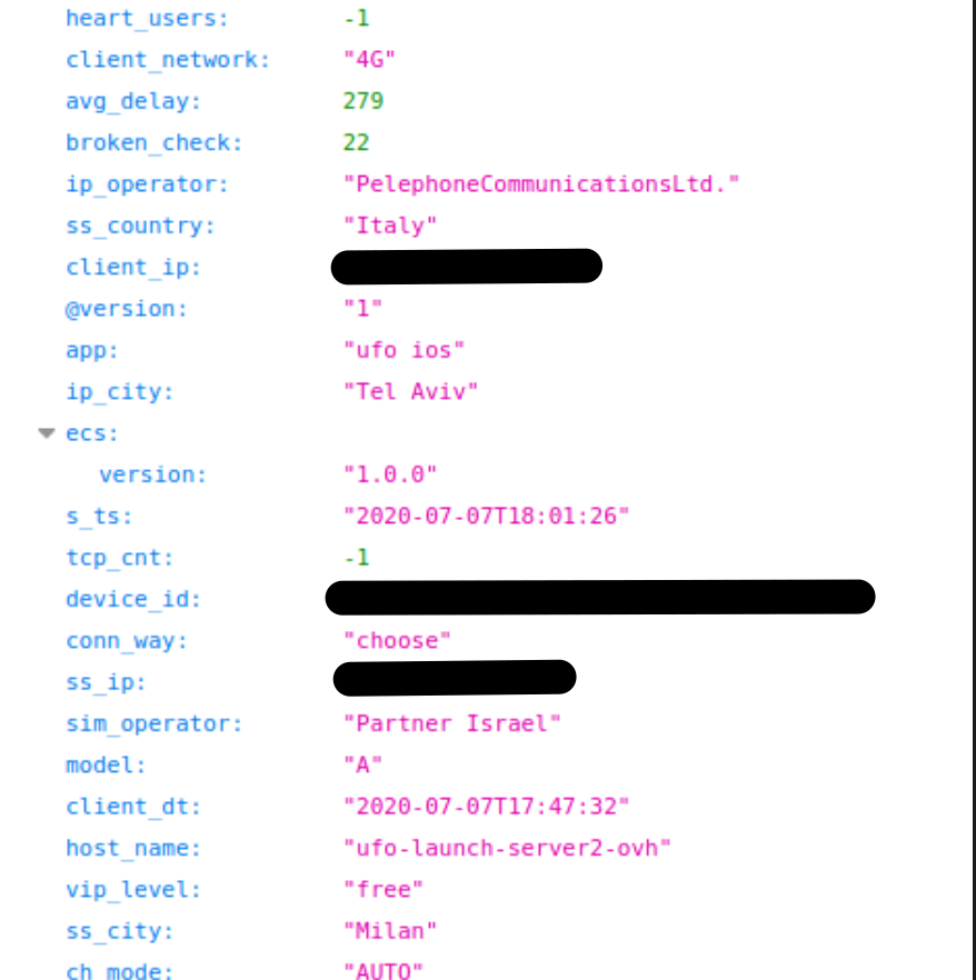 Screenshot of UFO VPN's leaked data in Milan
