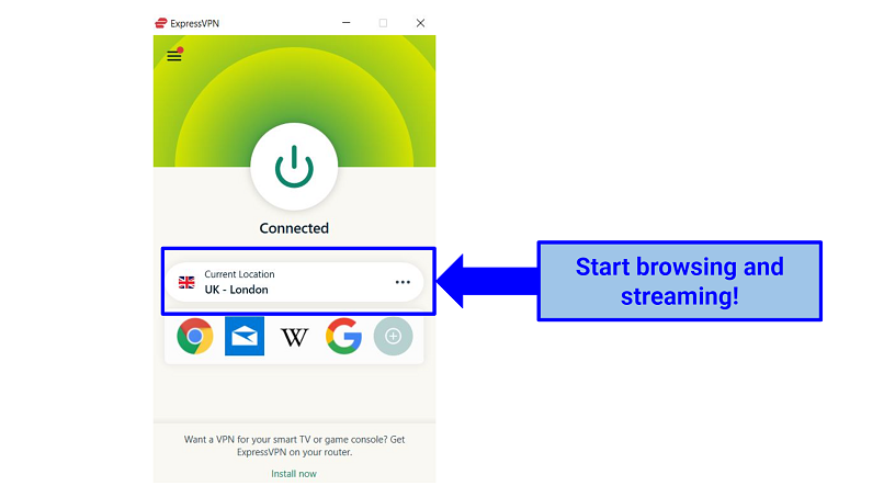 Screenshot of ExpressVPN working on Windows 10