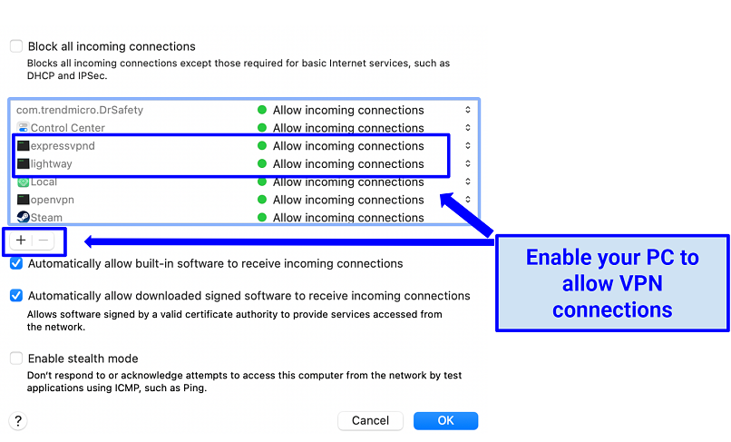 A screenshot showing VPN allowed on macOS firewall