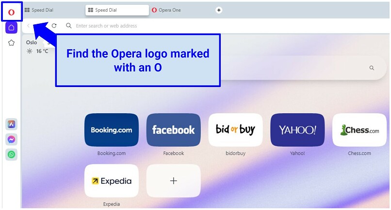 A screenshot of the Opera browser homepage