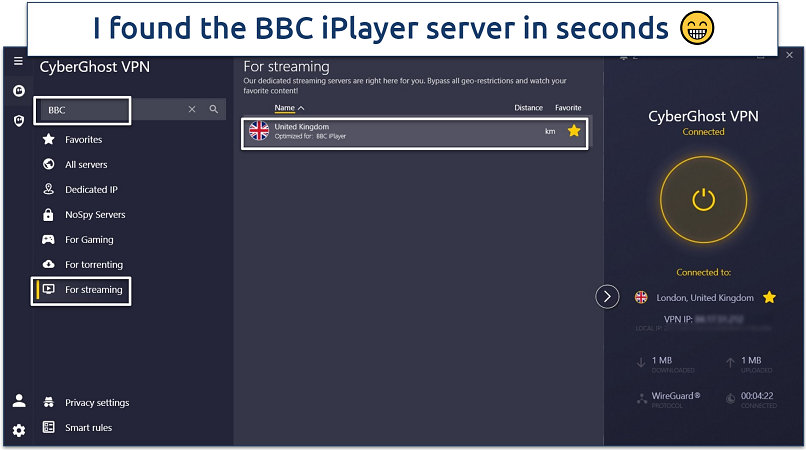 A screenshot of CyberGhost's Windows app while connected to its UK BBC iPlayer server.