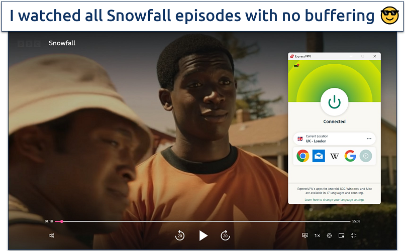 A screenshot of streaming Snowfall on BBC iPlayer in high quality while connected to ExpressVPN's London server.