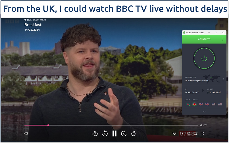 A screenshot of streaming the Breakfast show live on BBC iPlayer while connected to PIA's UK-optimized server.