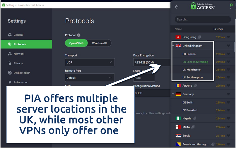 A screenshot of PIA's user interface