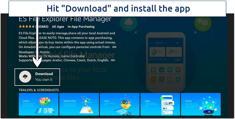 A screenshot showing the download icon to click on to download ES File Explorer