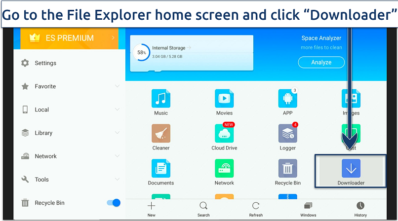 A screenshot showing the Downloader icon on ES File Explorer home screen
