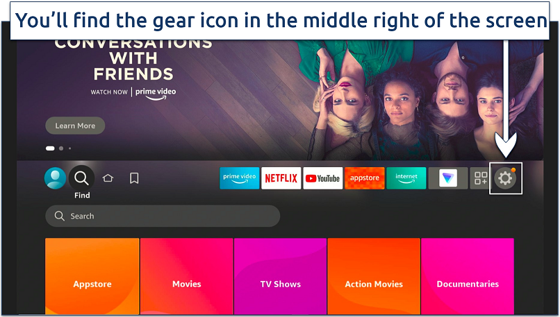 A screenshot showing the gear icon on Firestick's home screen