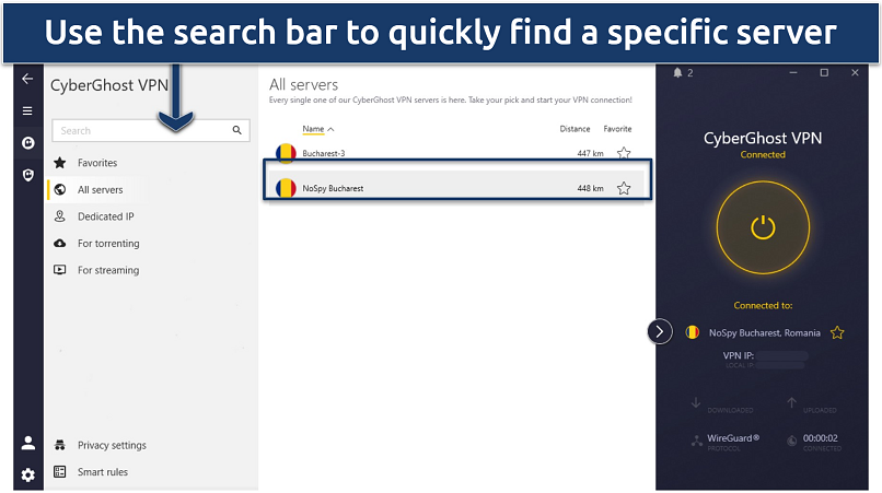 Screenshot of CyberGhost's interface, with VPN connected to a Romanian NoSpy server