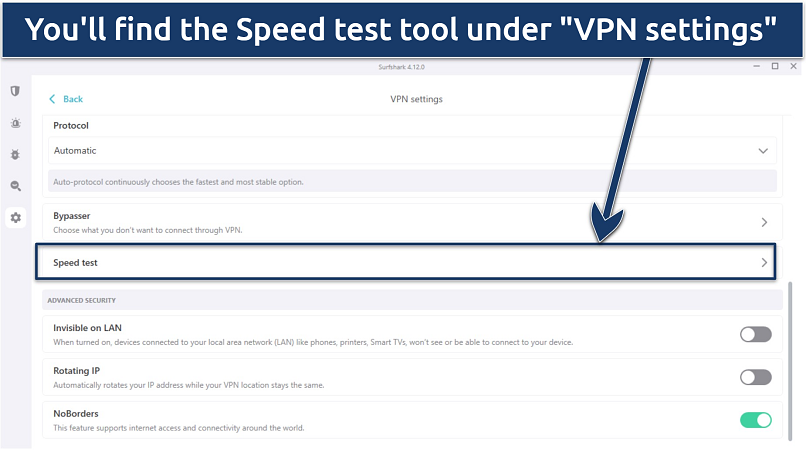 Screenshot of Surfshark's settings, showing the speed test tool