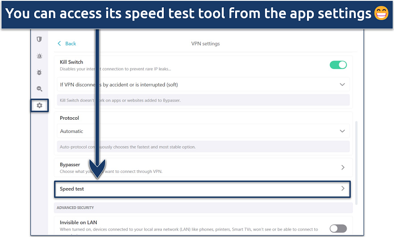 Screenshot showing how to access Surfshark's speed test tool