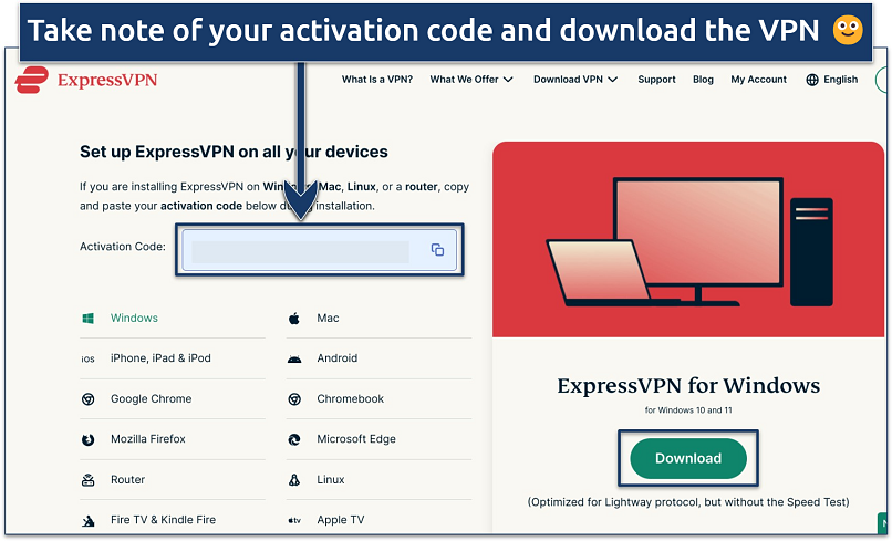 Screenshot of ExpressVPN activation code page