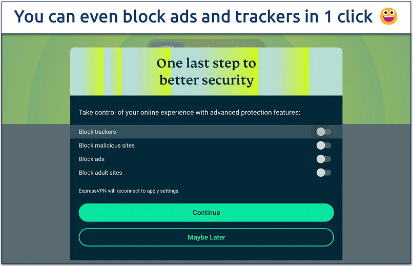 Screenshot showing ExpressVPN's advanced protection features on its Firestick app
