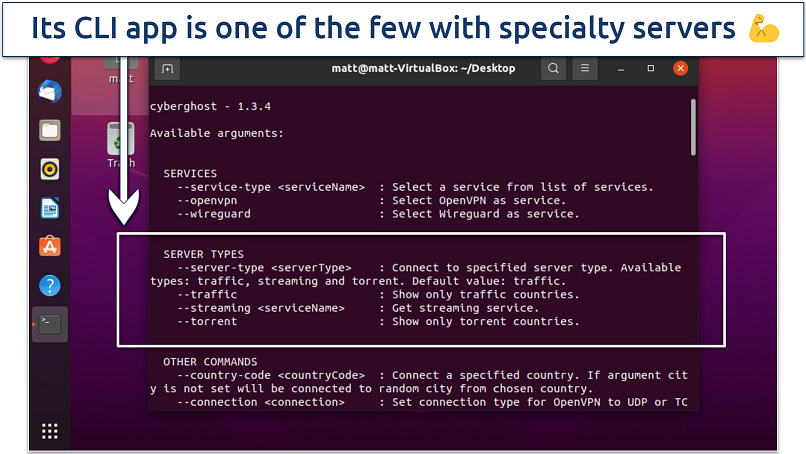 A screenshot showing that CyberGhost's CLI app comes with specialist servers for torrenting and streaming