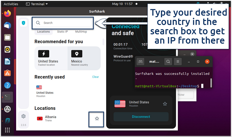 A screenshot showing it's easy to find and connect to a server with Surfshark GUI app