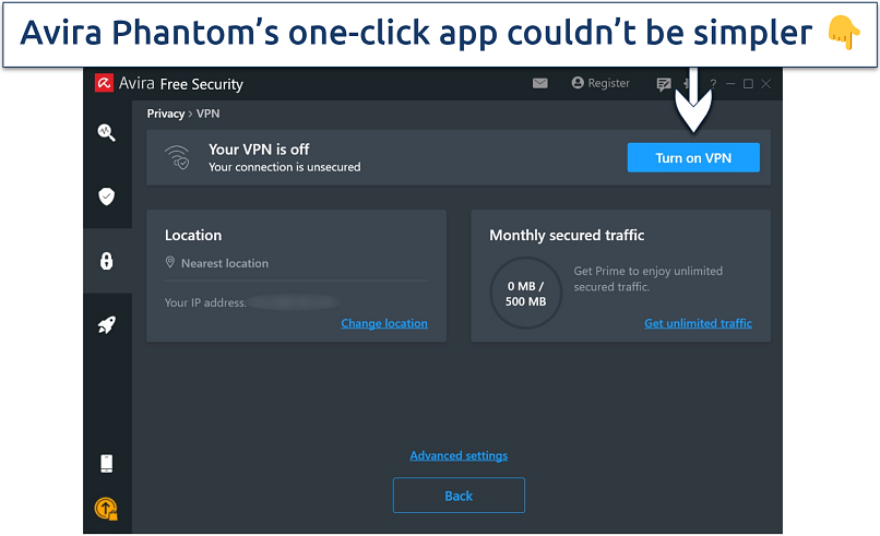 Screenshot showing Avira Phantom VPN's basic user interface