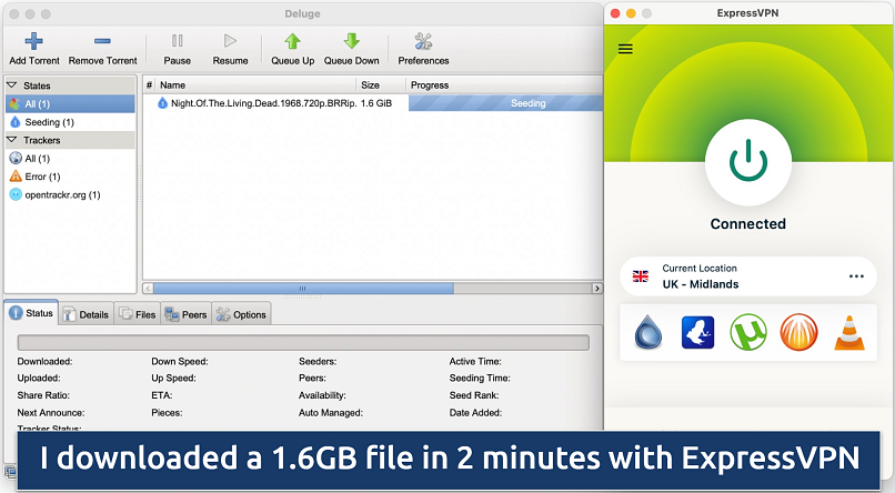 ExpressVPN's app connected to a UK server over the Deluge torrent client seeding a public domain torrent