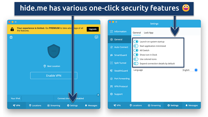 Screenshot showing the hide.me app and Settings panel