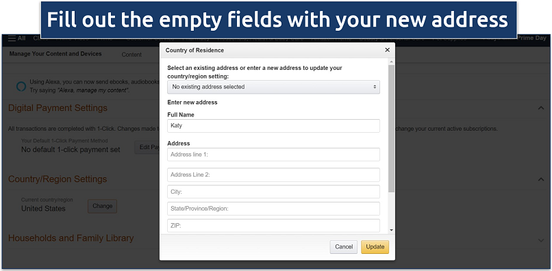 Screenshot showing Amazon's address change modal window