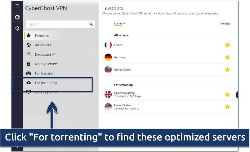A screenshot of CyberGhost has P2P servers ideal for fast file transfers and downloads