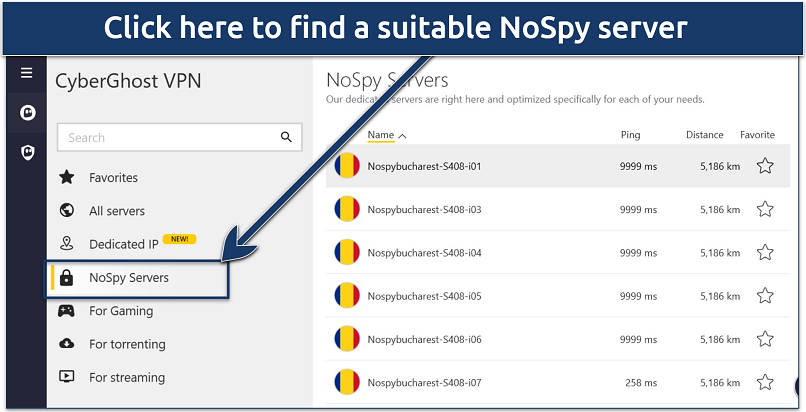 An image showing CyberGhost's NoSpy servers