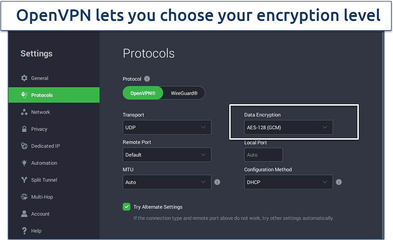 A snapshot of PIA's customizable security features on the Windows app