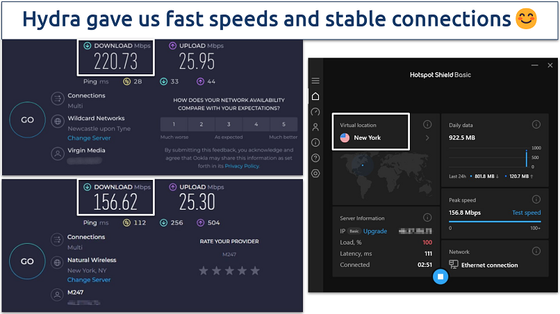 Screenshot of Hotspot Shield's speed test results