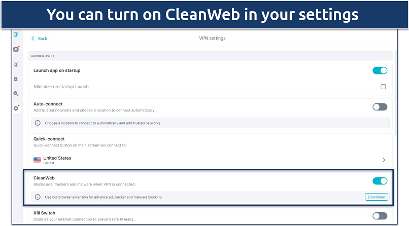 A screenshot of Surfshark's settings showing the CleanWeb ad blocker enabled