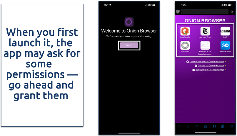 Screenshot of the Onion Browser app interface