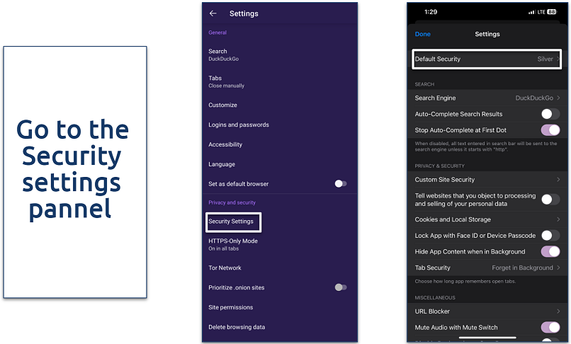 Screenshot of the security settings button for Tor Browser and Onion Browser