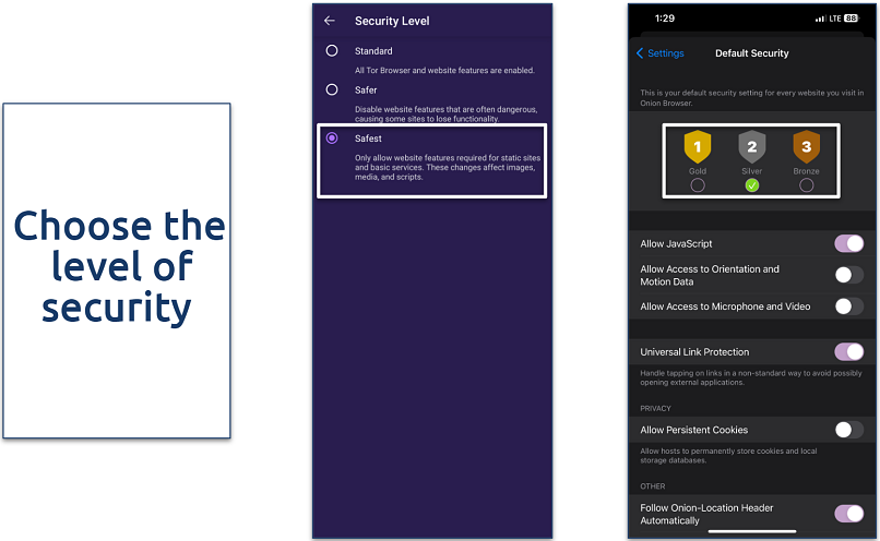 Screenshot of the security settings panel for Tor Browser and Onion Browser