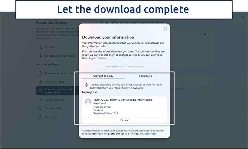 A screenshot of Facebook's download process
