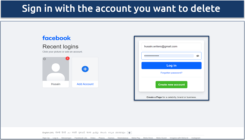 A screenshot of Facebook's login page