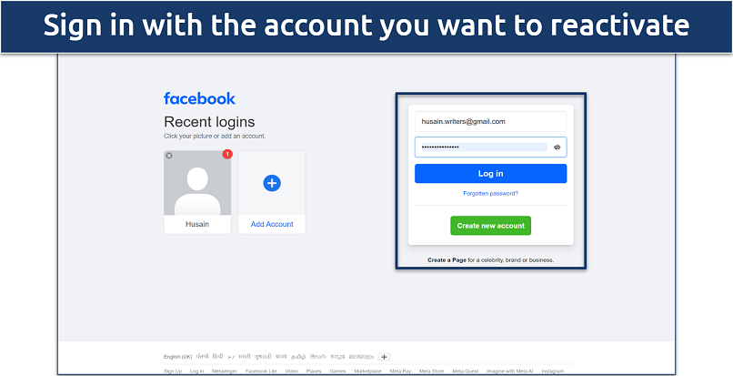 A screenshot of Facebook's login page