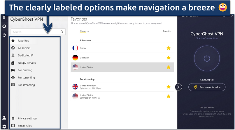 A screenshot showing CyberGhost clearly labels all the menu options