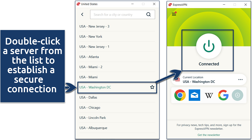 A screenshot showing that ExpressVPN has multiple US servers and that it's easy to connect to one