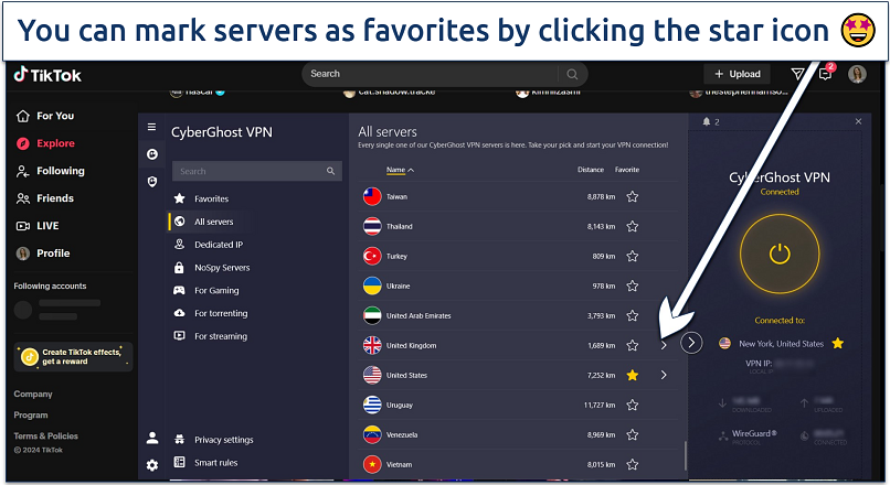 Screenshot of TikTok's explore page with CyberGhost connected to the US