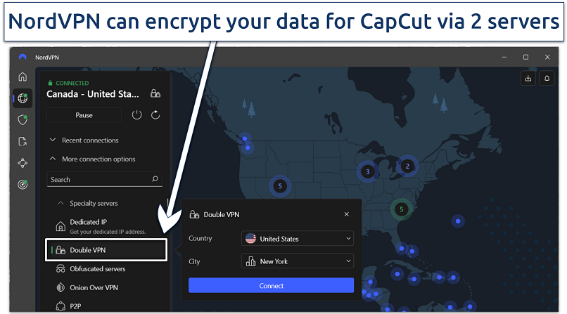 Screenshot showing NordVPN map with DoubleVPN servers