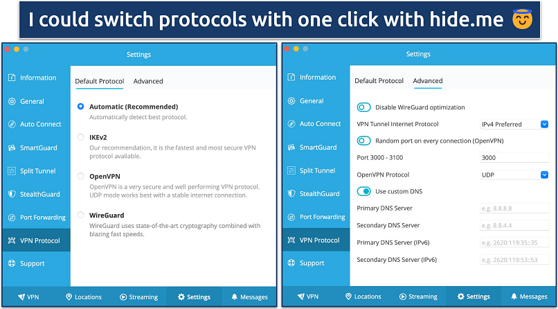 Screenshot of the protocol settings on the hide.me app