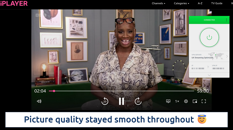 Screenshot of the PIA app over a browser streaming BBC iPlayer