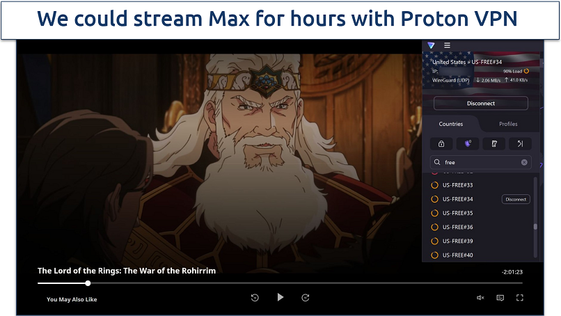 Screenshot of Max player streaming The Lord of the Rings: The War of the Rohirrim while connected to a free US Proton VPN server