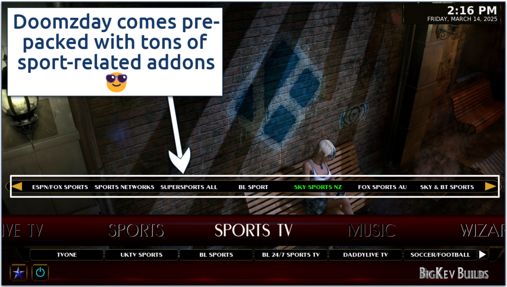 Screenshot of the Doomzday BigKev - NOVA Kodi interface with its Sports TV menu