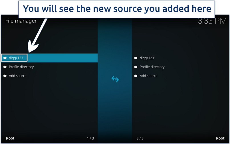 Screenshot of the Kodi File manager interface with the newly added source