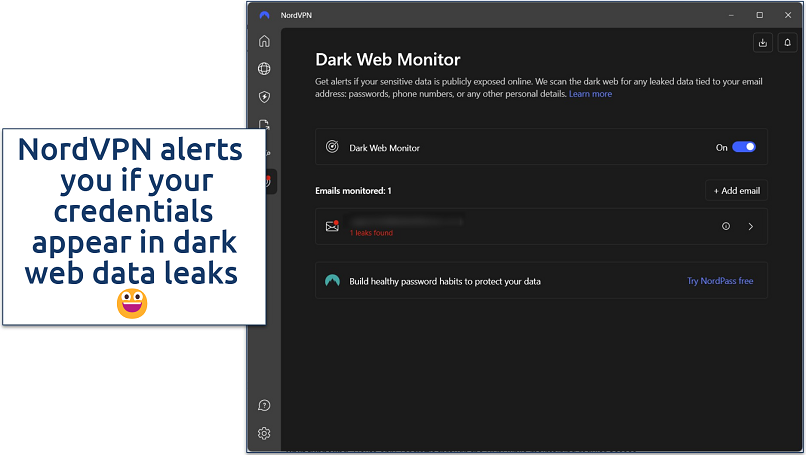 Screenshot of NordVPN's Windows app with its Dark Web Monitor feature